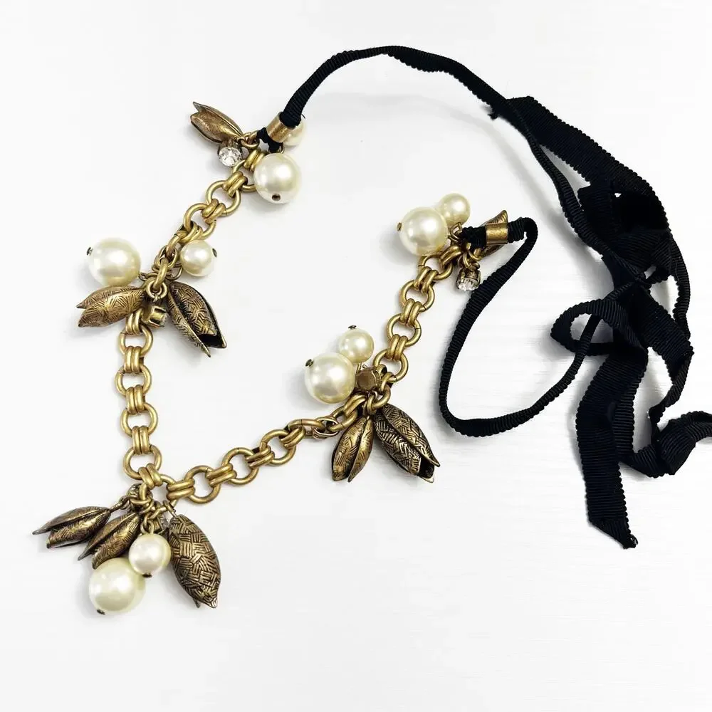 J. Crew Faux Pearl & Brass Flower Buds Ribbon Necklace